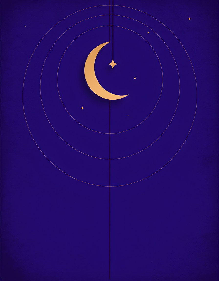 A gold crescent moon hanging from a thin line against deep indigo, with a single star and faint concentric rings